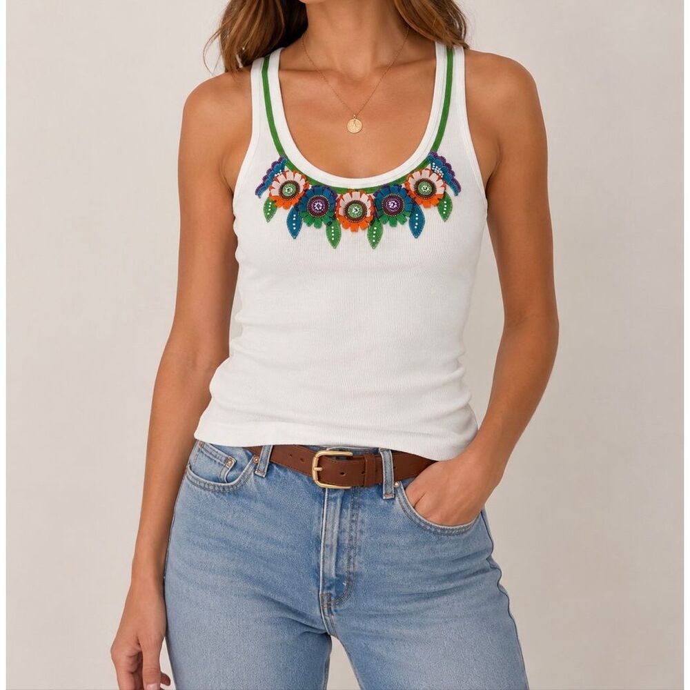 Tory Burch Embellished Ribbed Tank Top Size S White Floral Beaded Cotton